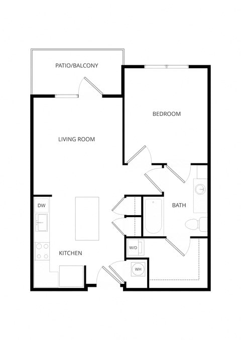 Floor plan for 1 bed, 1 bath, 670 sqft